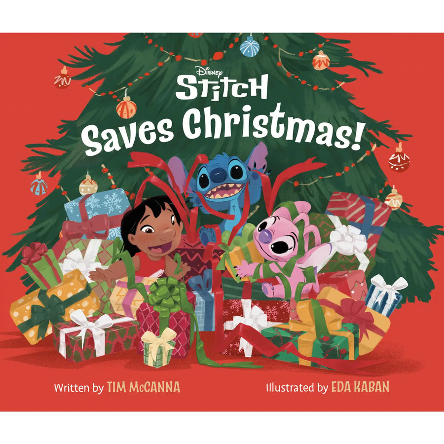 Front cover of the children's book 'Disney Stitch Saves Christmas!' showing Stitch, Lilo, and Angel under a decorated Christmas tree with wrapped gifts on a red background.