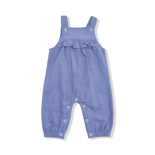 Blue corduroy baby romper with button details with small ruffle across the chest. 