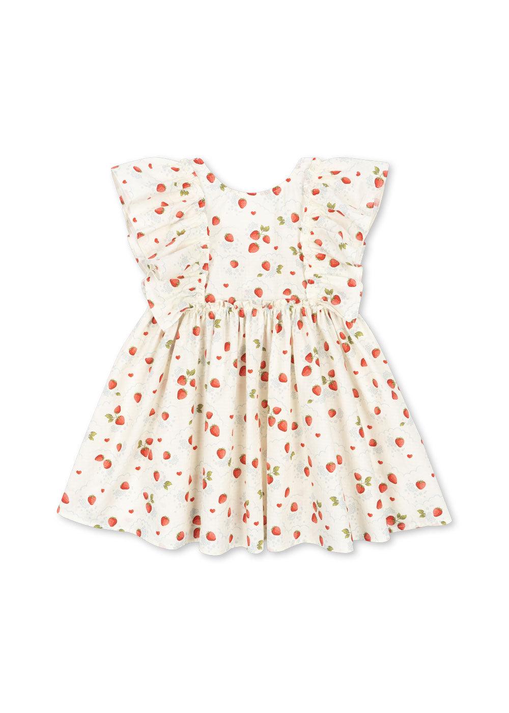 beige dress sleeveless with two big ruffles at the side of the dress. tiny red strawberries all over the dress. 