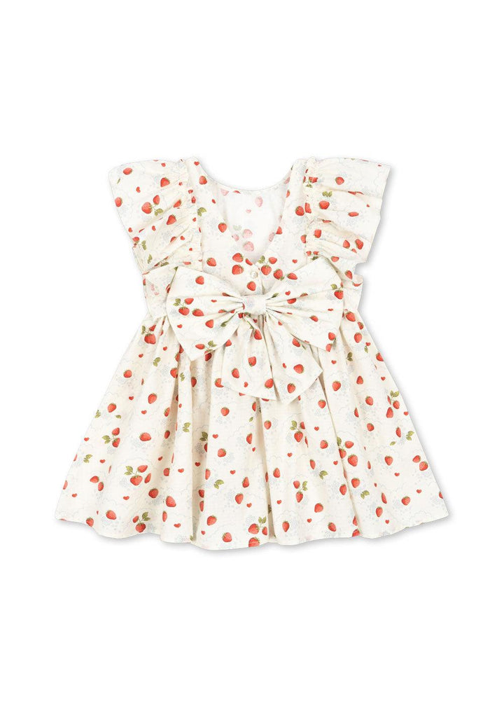 picture of the back of the dress with ruffles at the side and a big bow in the back of the dress. 