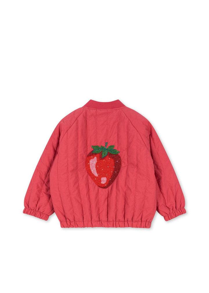bright pink/coral jacket with beaded strawberry embroidered on the back. long sleeves.  