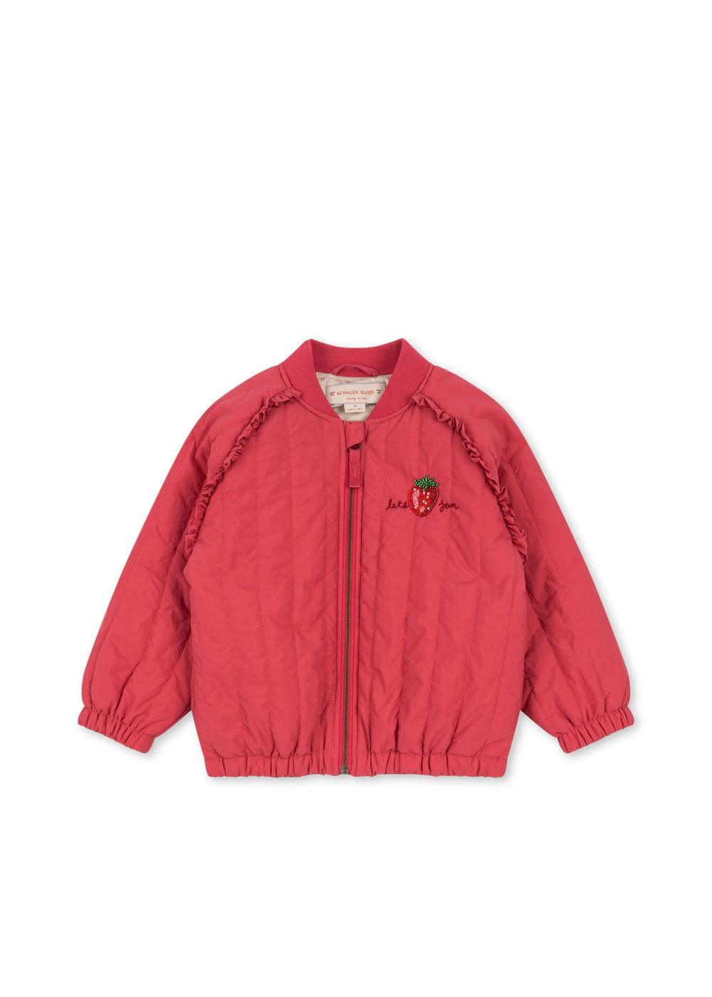 bright pink/coral bomber jacket with small ruffles at the front by the sleeves and a small strawberry on left hand side 