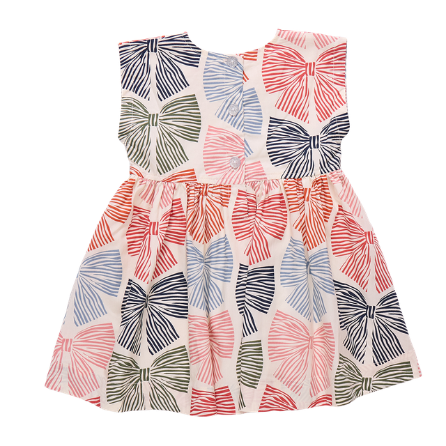 back of Dress with bow pattern, bows are in a striped pattern in multicolors.  