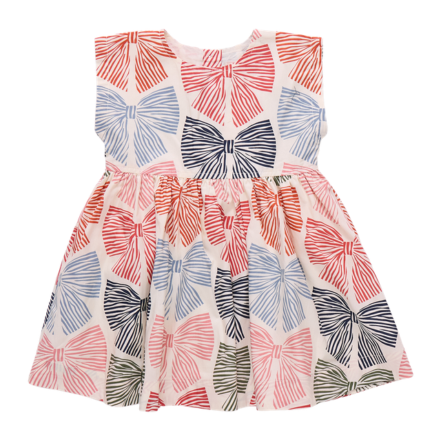 Dress with bow pattern on a. bows are in a striped pattern in multicolors 