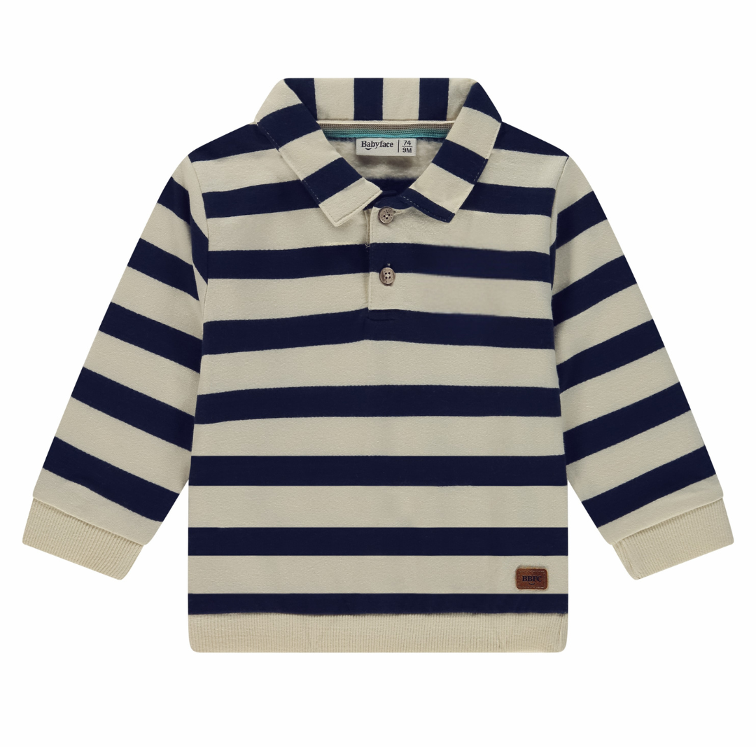 Navy and beige striped sweater on a white background