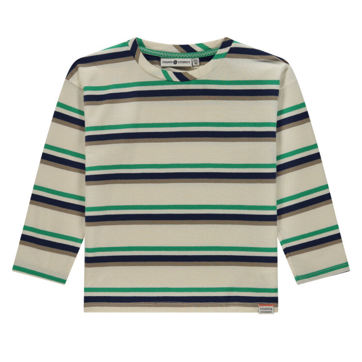 Striped long-sleeve shirt with green, navy, and beige colors on a white background