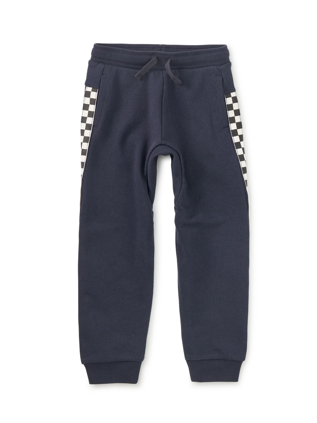 A pair of navy blue sweatpants with a black and white checkerboard pattern on the side pockets, featuring a drawstring waist and ribbed cuffs.