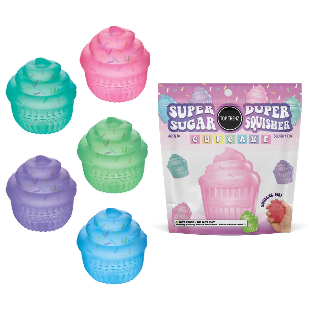 Six cupcake-shaped squishy toys in pastel colors (teal, pink, green, purple, blue, and light blue) displayed next to their pink and purple 'Super Sugar Duper Squishier' packaging on a white background.