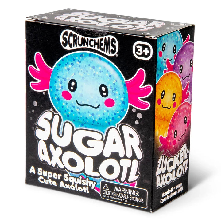 sugar axolotl in a box in branded scrunchems packaging. 