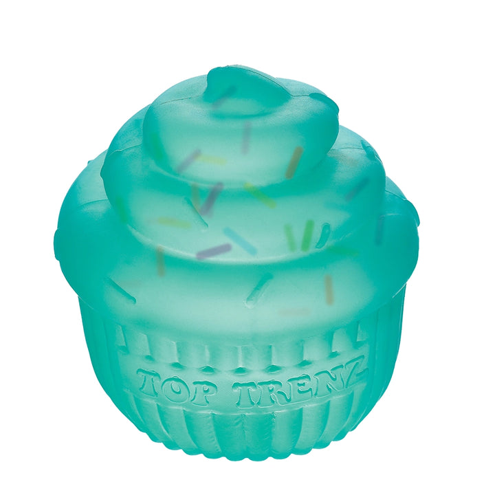 Turquoise squish toy with a textured surface on a white background