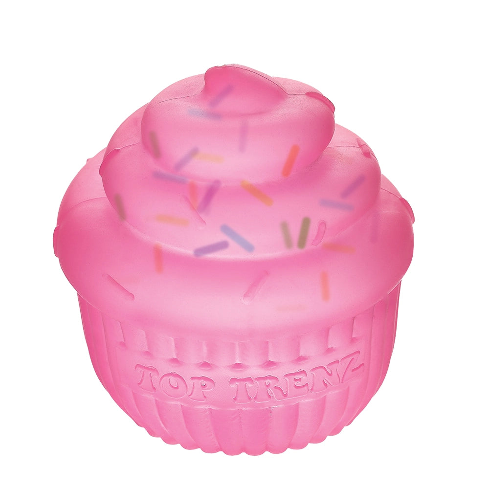 Pink cupcake-shaped toy with sprinkles on a white background
