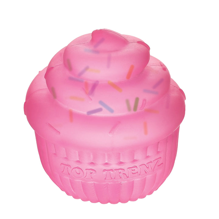Pink cupcake-shaped toy with sprinkles on a white background