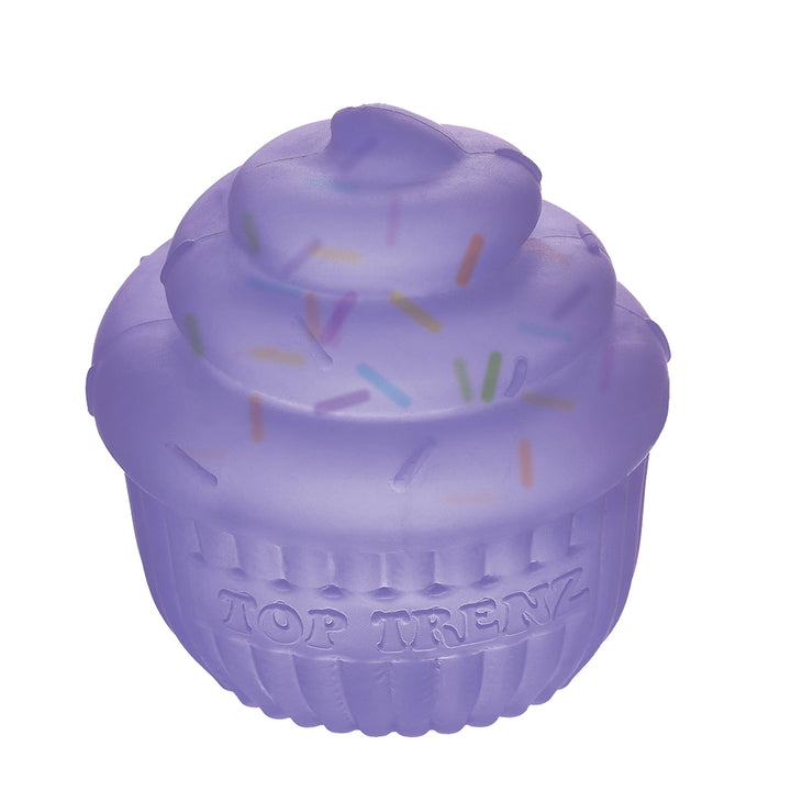 Purple cupcake-shaped toy with sprinkles on a white background