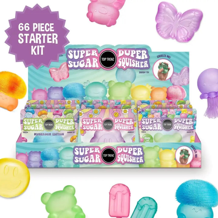 Super Squisher toy starter kit packaging with colorful toys on a white background