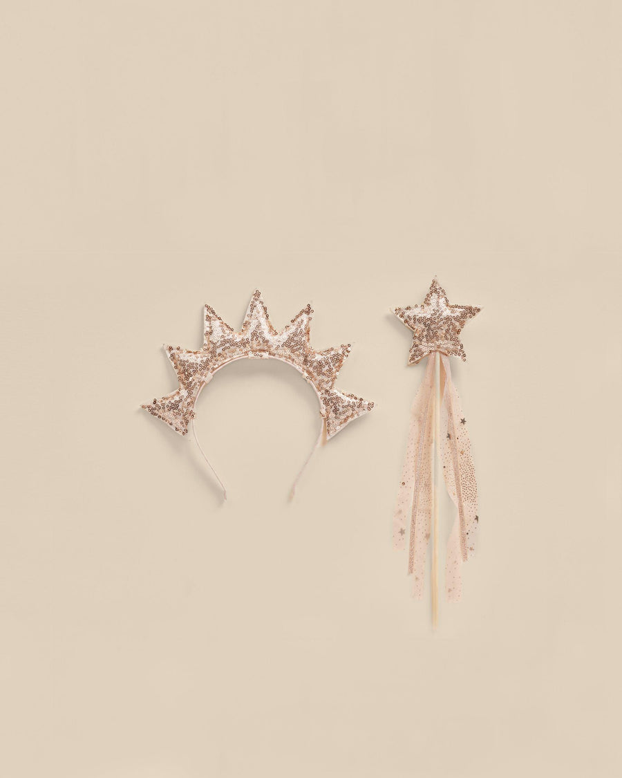 2 piece set, rose gold sequin sun crown headband and rose gold sequin star wand. 