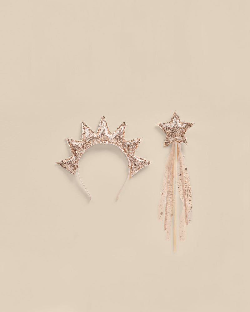 2 piece set, rose gold sequin sun crown headband and rose gold sequin star wand. 