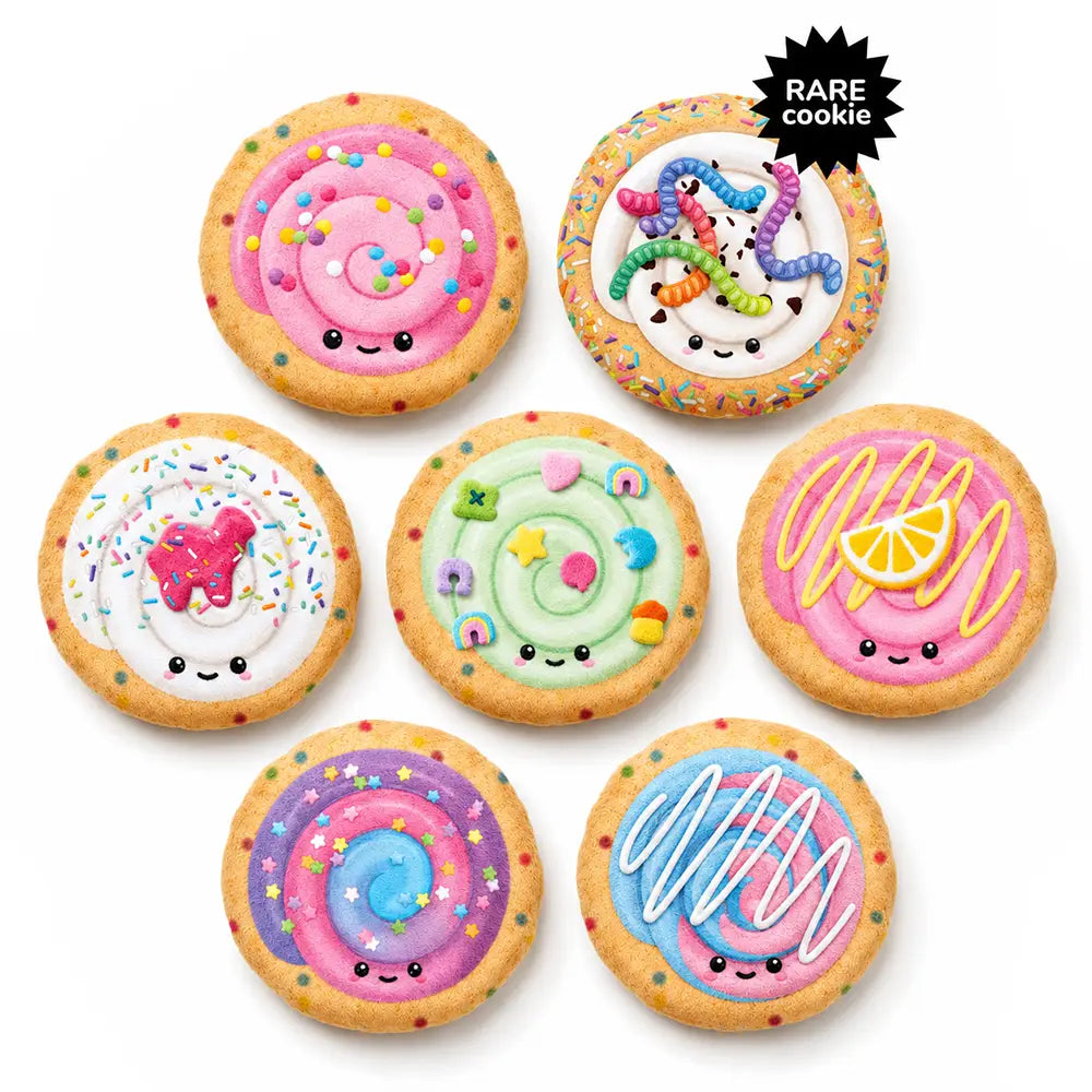 Seven decorated sugar cookies arranged on a white background, each with colorful frosting and cute face details. A black starburst label in the top right reads “RARE cookie.