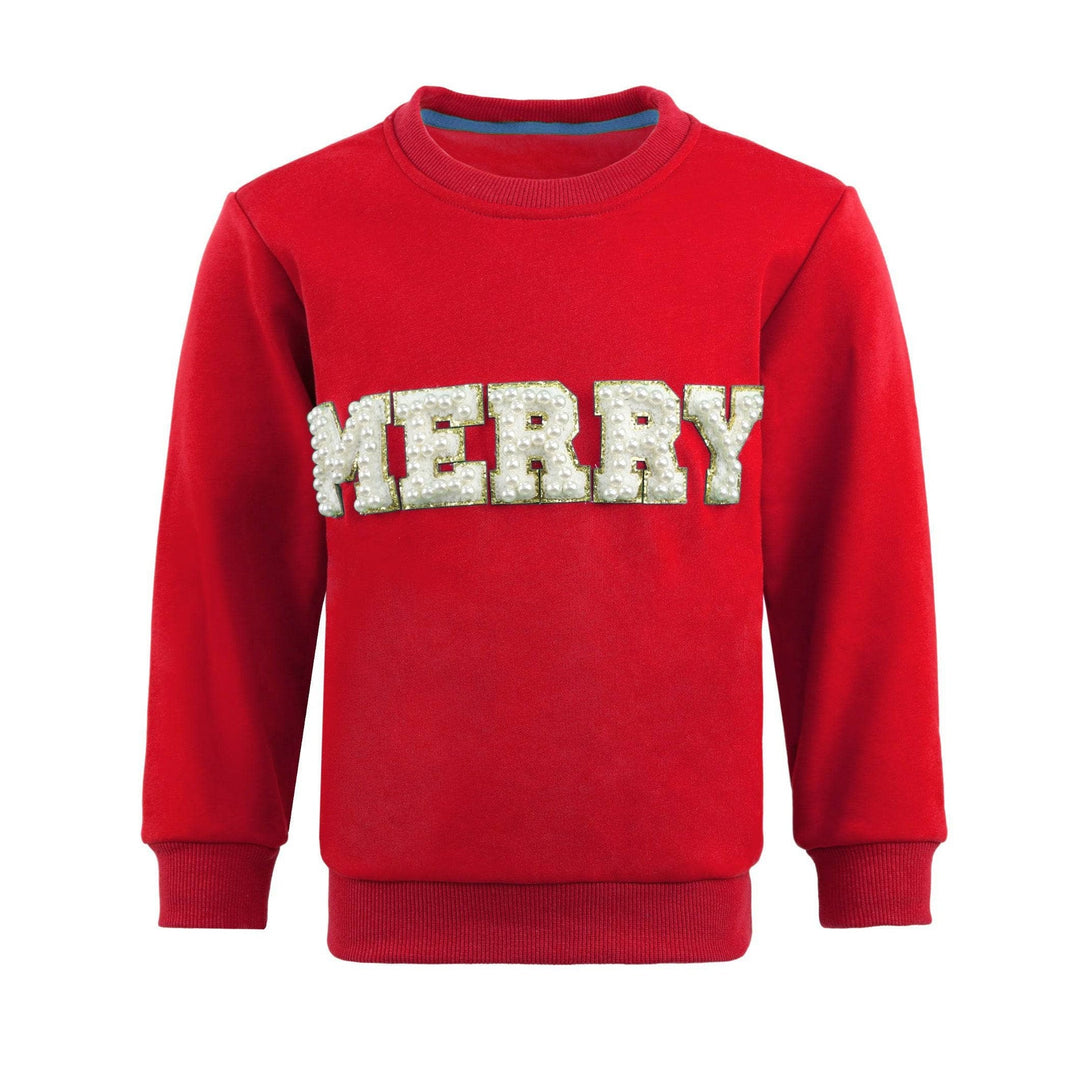 Red sweatshirt with 'MERRY' in white letters on a white background