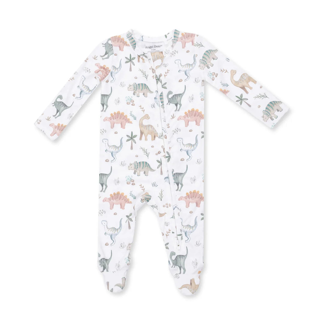 A baby long-sleeve footed sleeper with a white background and an all-over dinosaur print in soft pastel colors including pink, green, and gray.