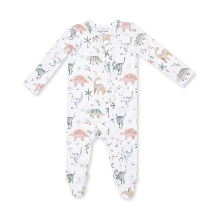 A baby long-sleeve footed sleeper with a white background and an all-over dinosaur print in soft pastel colors including pink, green, and gray.