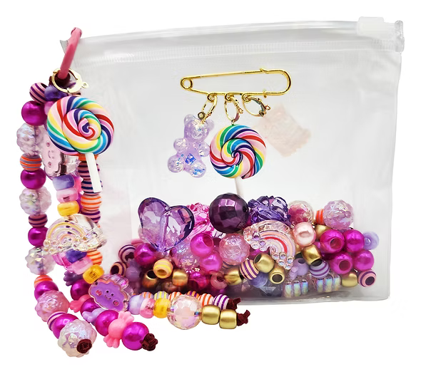 Colorful bead set with lollipop and butterfly charms in front of a clear pouch.