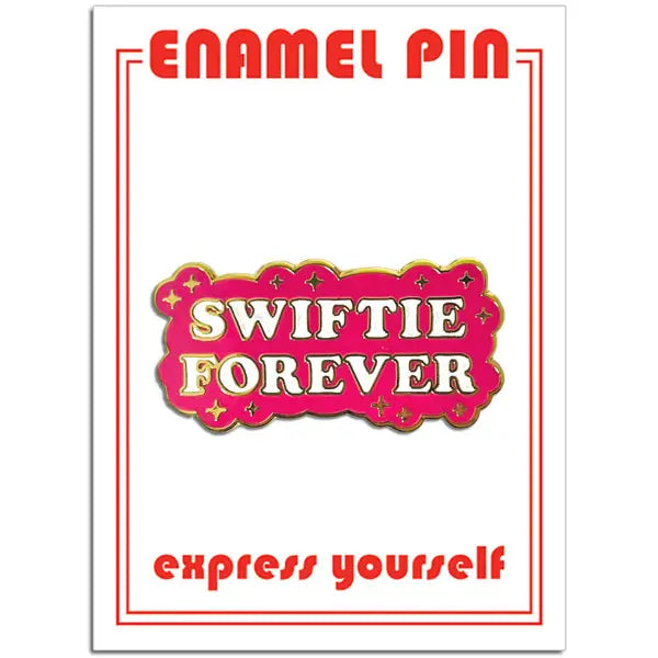 enamel pin that reads "Swiftie Forever" deep pink/red color with glitter. written in white letters. gold backing. 