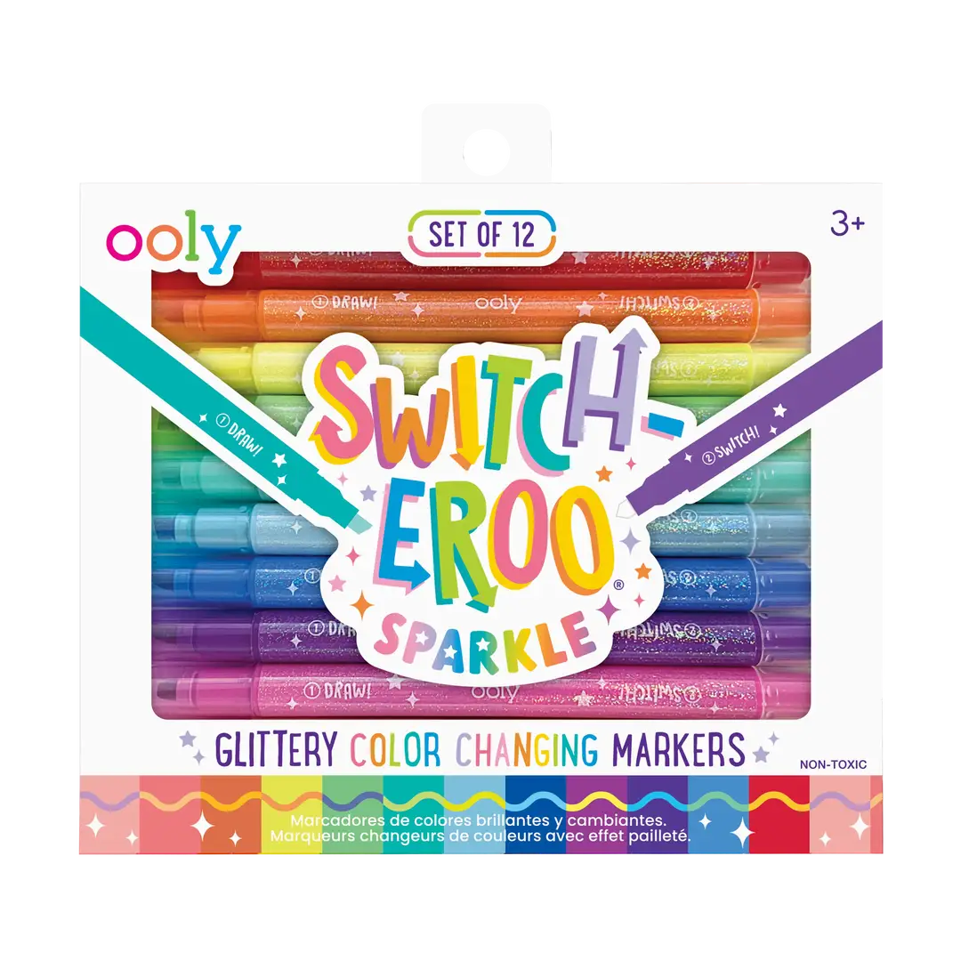 set of 12 glitter color changing markers in the packaging 