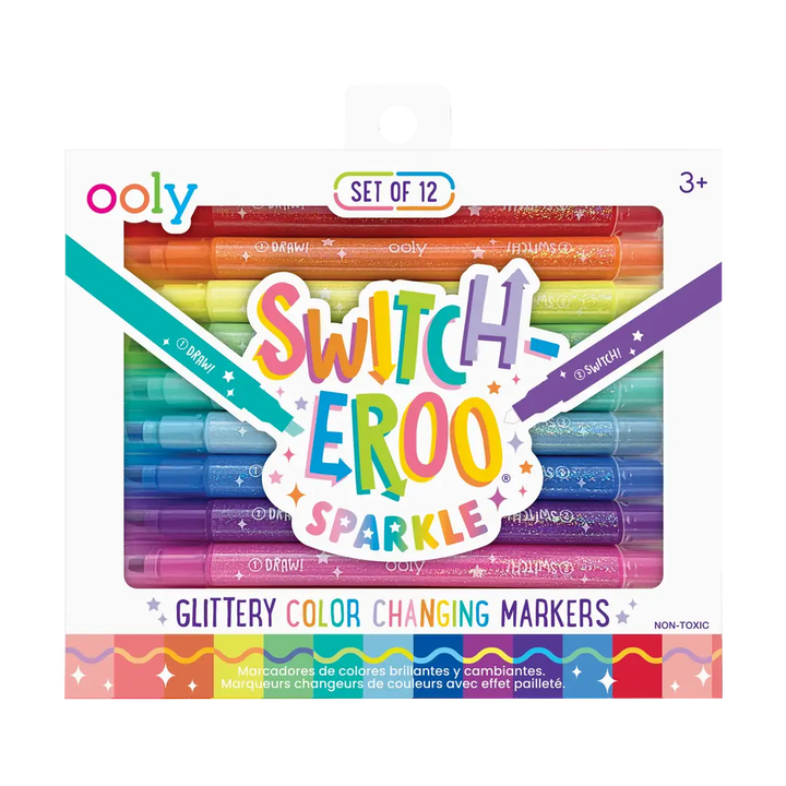 set of 12 glitter color changing markers in the packaging 
