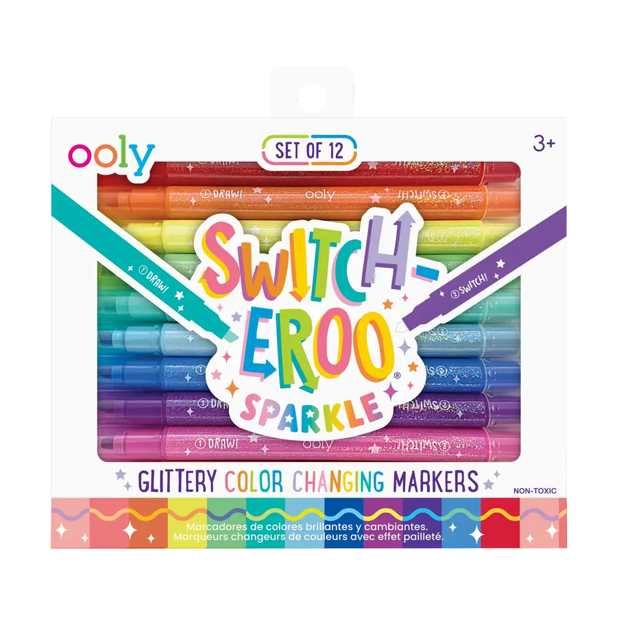 set of 12 glitter color changing markers in the packaging 