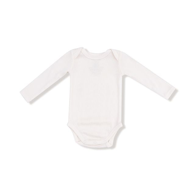 White baby onesie with long sleeves on a white background