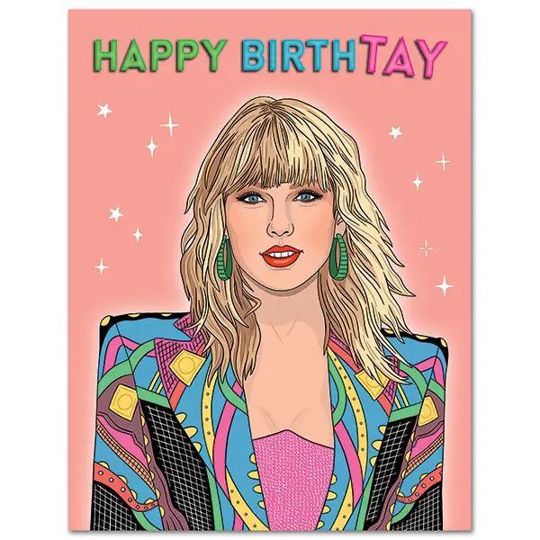 birthday greeting card with Taylor Swift on the front in a colorful blazer. 