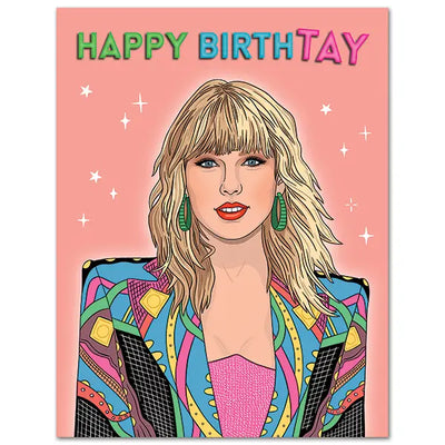 birthday greeting card with Taylor Swift on the front in a colorful blazer. 