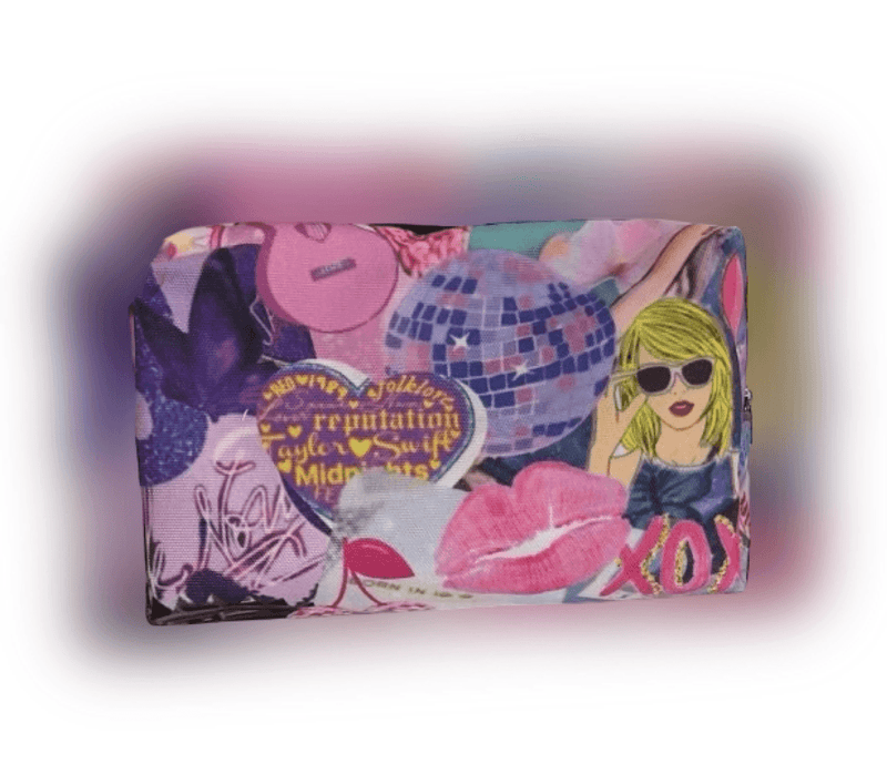 Taylor Swift Lover print all over a cosmetic bag with zipper closure. 