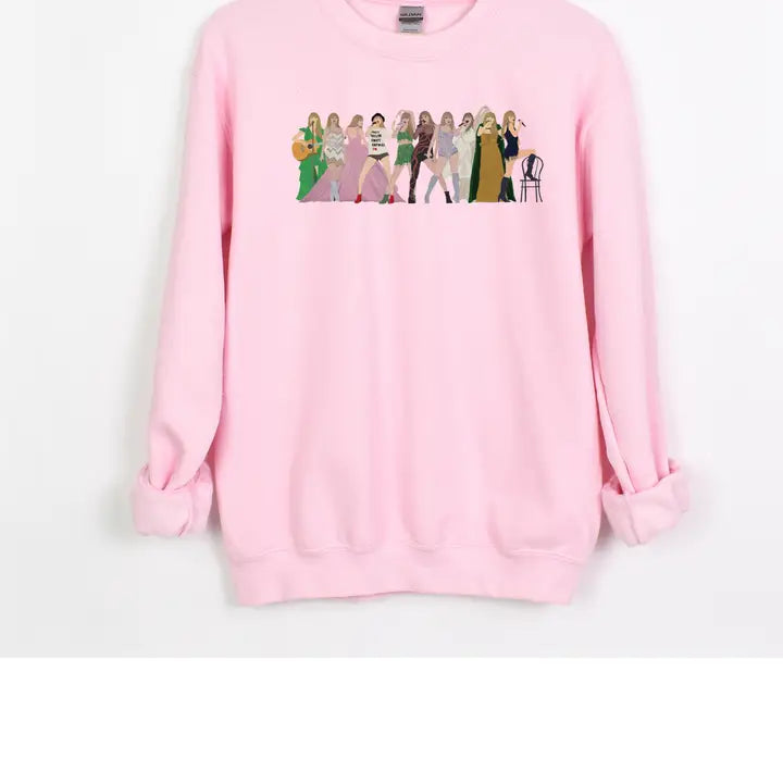 pink sweatshirt, long sleeves. with Taylor Swift dressed in all her different Eras outfits