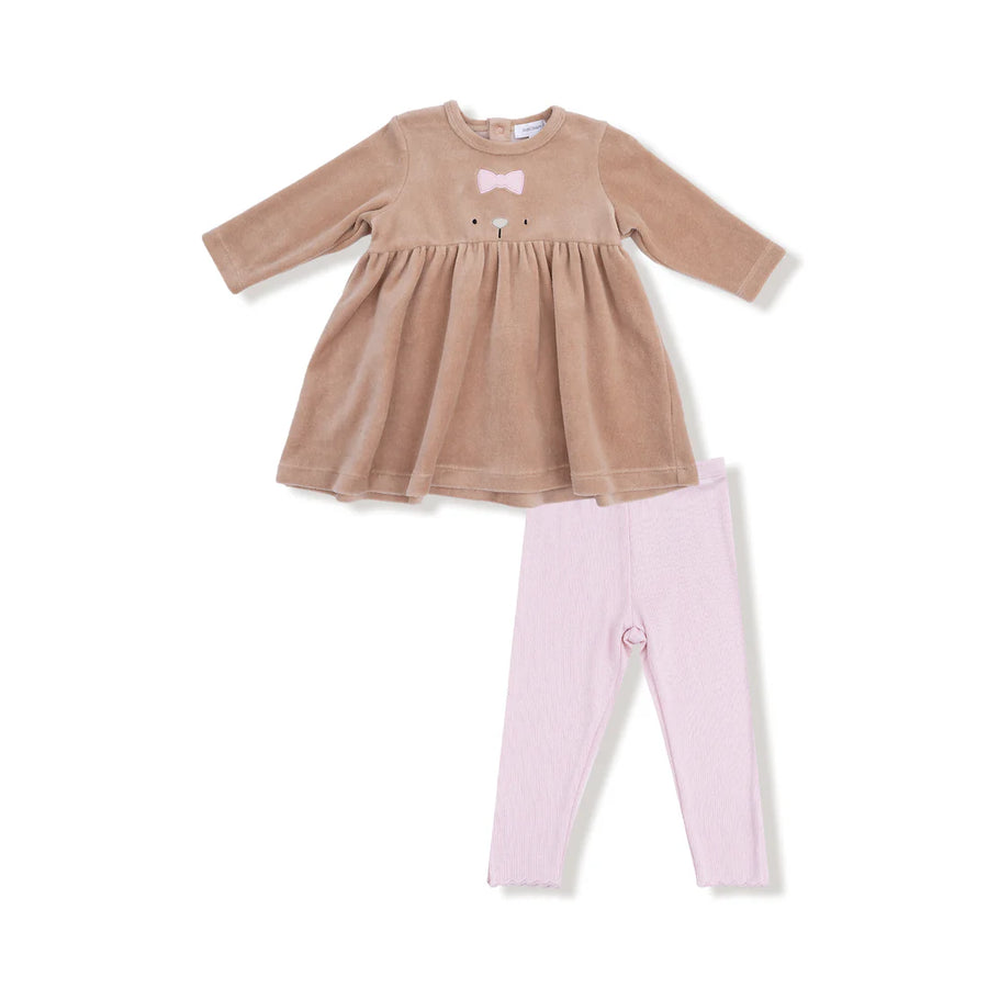 Children's outfit with brown dress and pink pants 