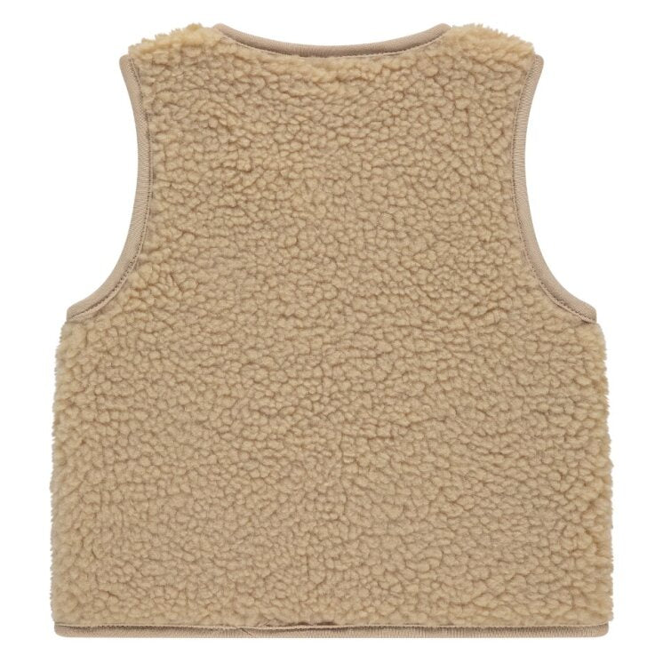 back of Beige fleece vest on a white background