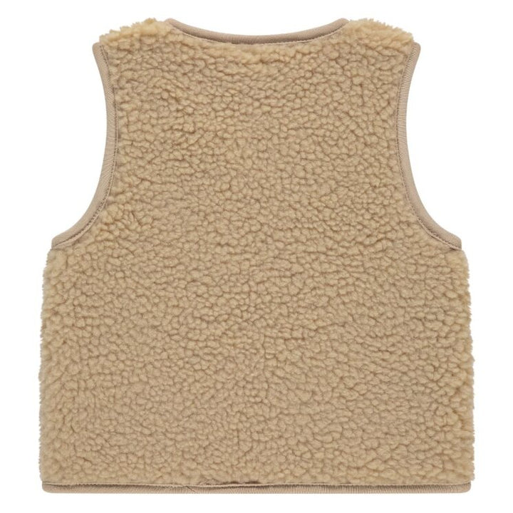 back of Beige fleece vest on a white background