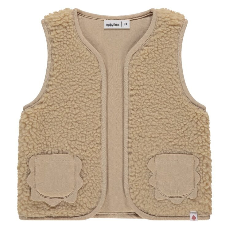 Beige fleece vest with two front pockets on a white background