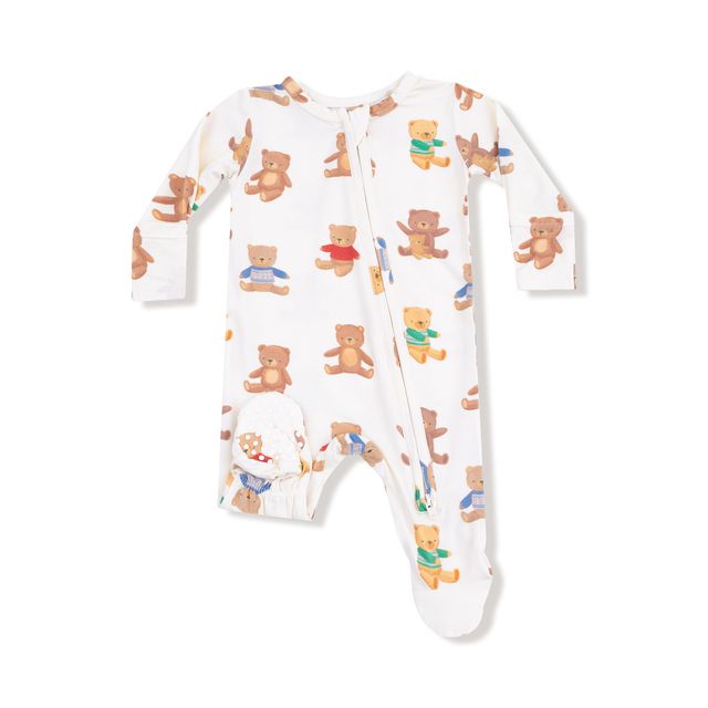 Baby onesie with teddy bear pattern on a white background