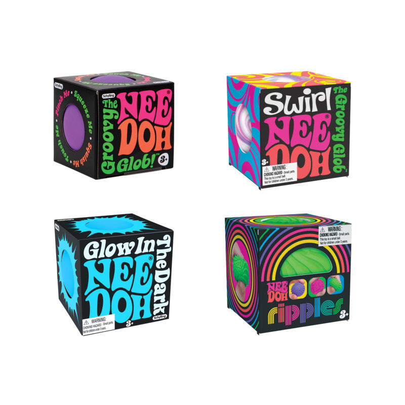 Four colorful boxes of Nee Doh play dough with different designs and text on a white background.