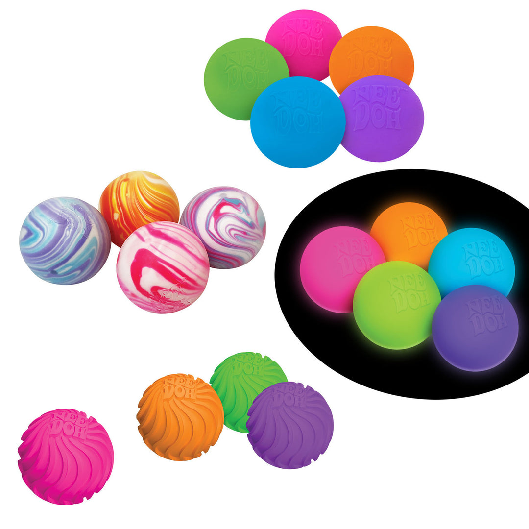 Colorful squish balls with different textures and patterns on a white background.