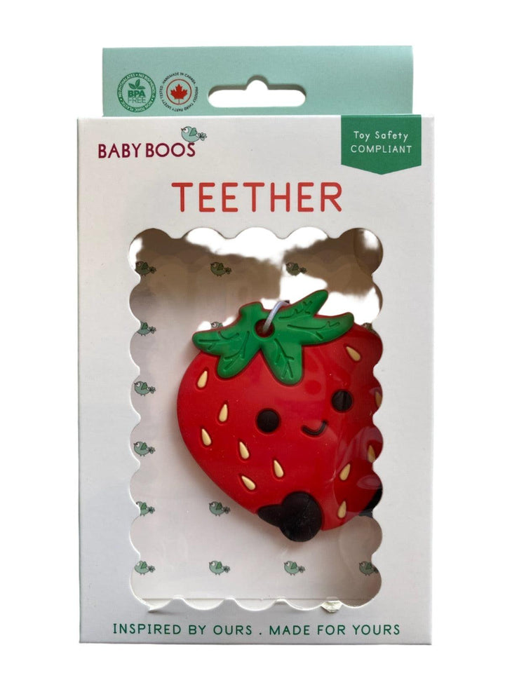 The teether is in a retail friendly box with window so you can see in to the packaging and see the strawberry shape. 