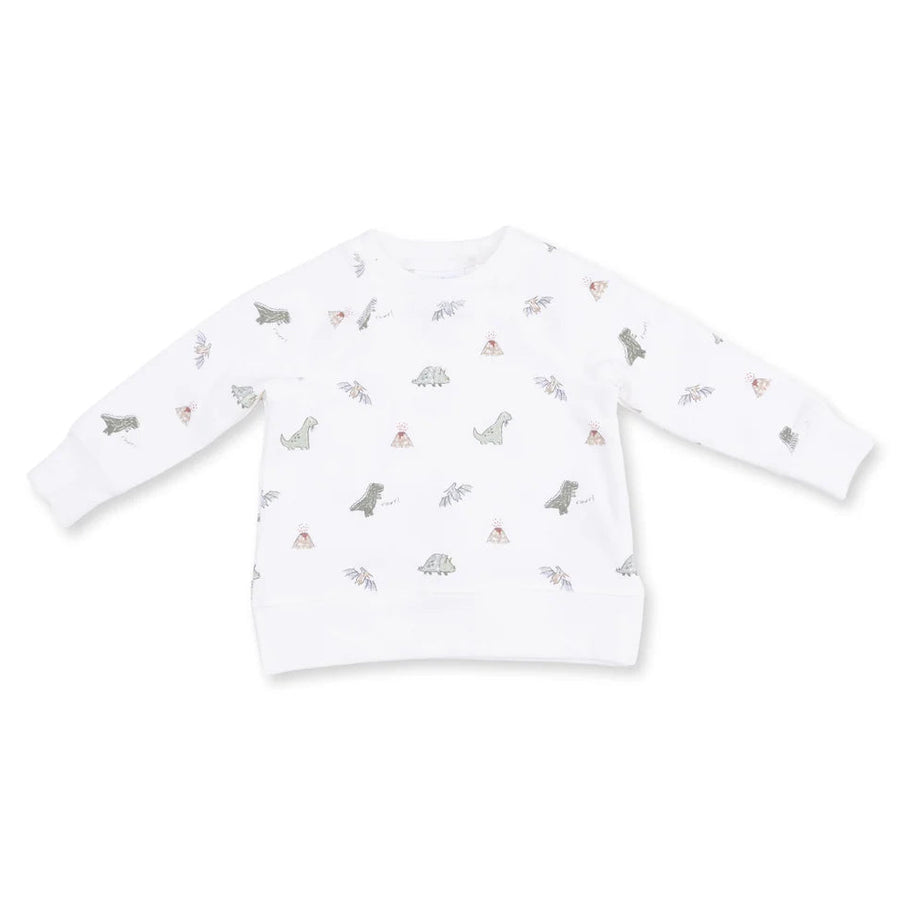 A white long-sleeve baby sweatshirt with a small all-over print of gray dinosaurs, trees, and tiny pink and brown figures, shown on a plain white background.