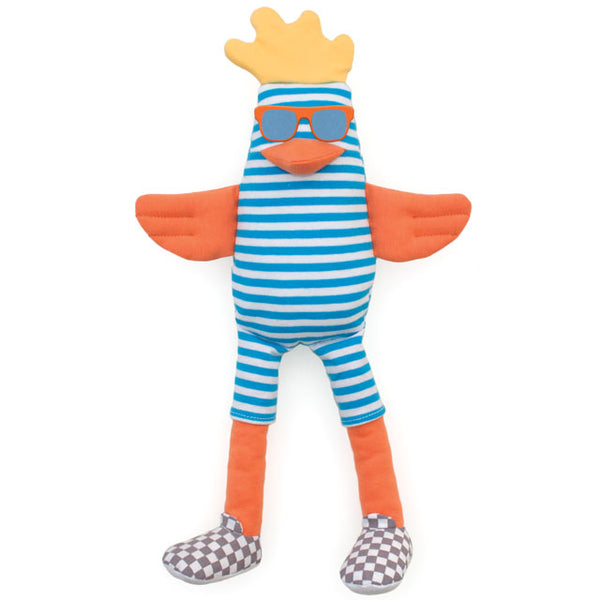 Plush toy with a duck-like design wearing a striped outfit, crown, and sunglasses on a white background.
