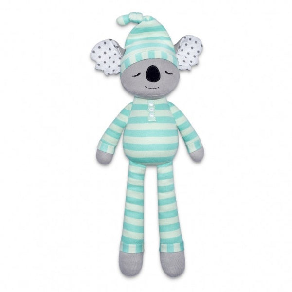 Plush toy koala in striped pajamas on a white background