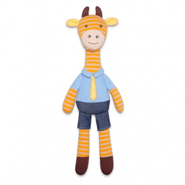 Stuffed toy giraffe wearing a striped shirt and shorts on a white background