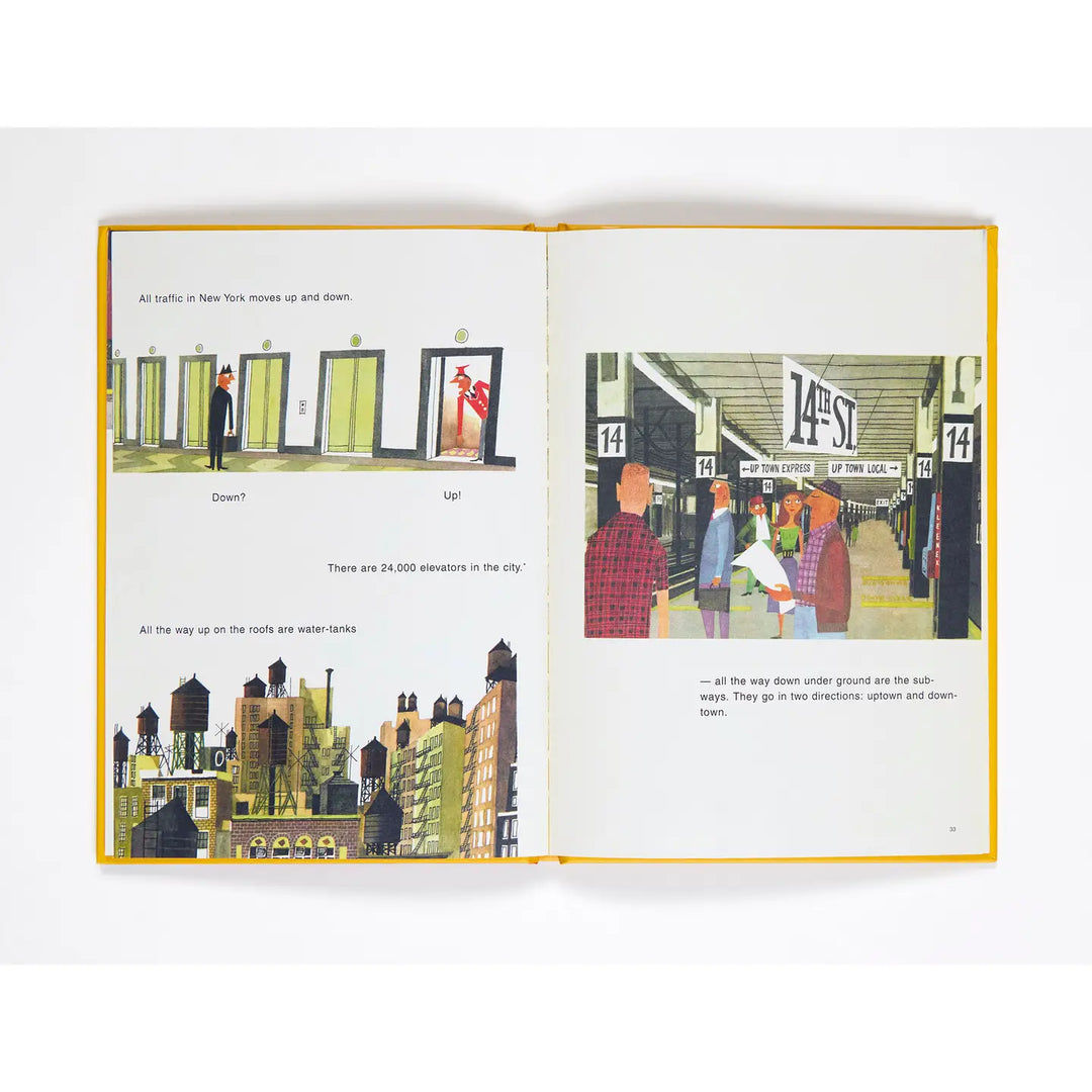 Open book with illustrations of a cityscape and people on a subway platform.