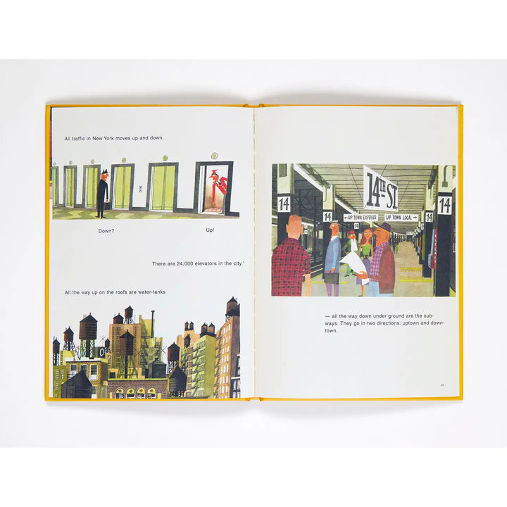 Open book with illustrations of a cityscape and people on a subway platform.