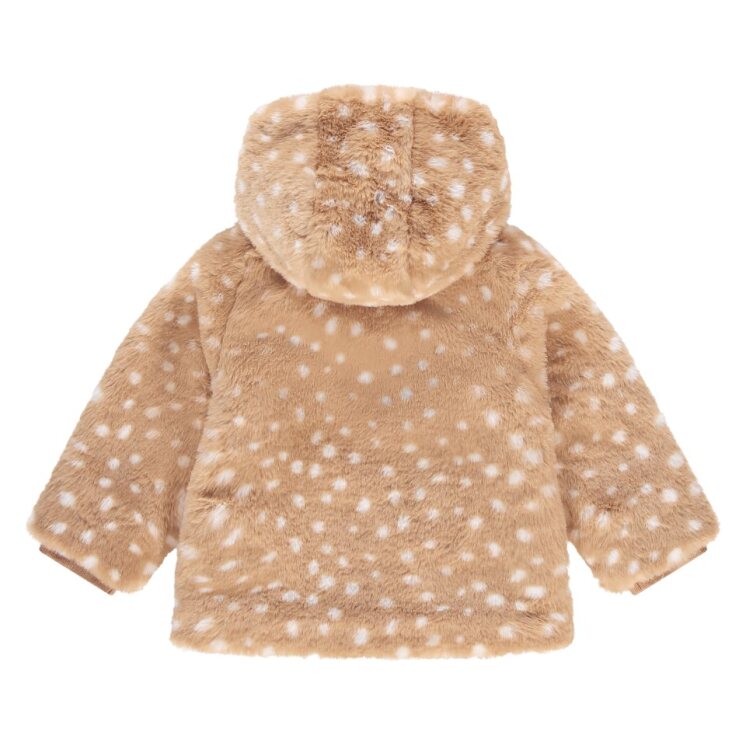 back of baby hooded faux fur jacket with subtle animal print 
