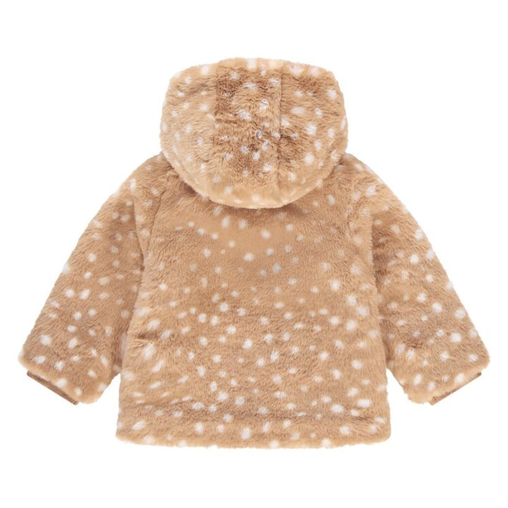back of baby hooded faux fur jacket with subtle animal print 